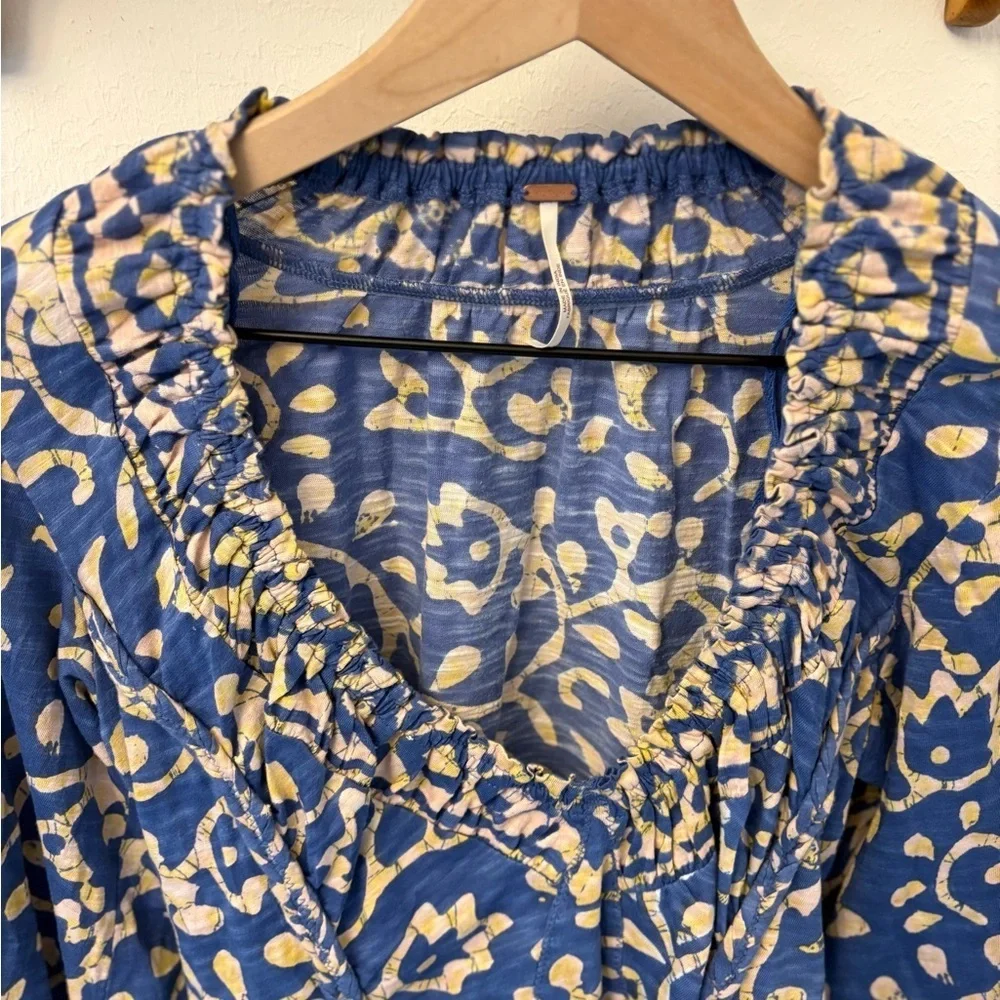 Free People On The Block Blue Combo Bell Sleeve Blouse | Size S